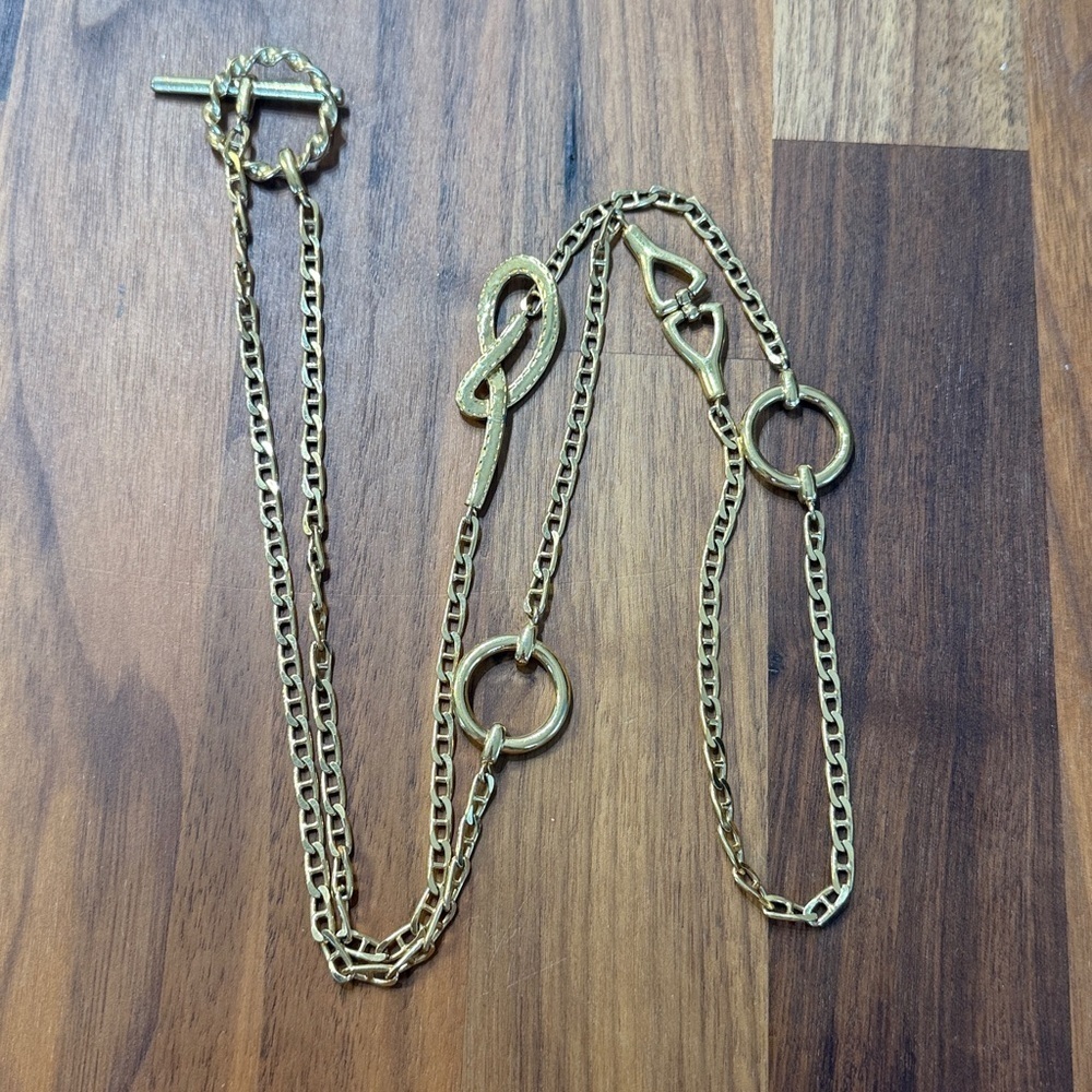 Vintage Gold Tone Long Strand Necklace Twist Pretzel Knot Geometric Shape Detail